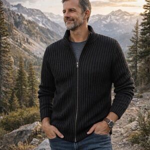 s.Oliver Men’s Thick Ribbed Full Zip Cardigan Sweater Black XXL Classic